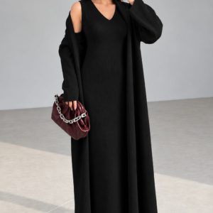 Elegant Ribbed High Neck Bodycon Overcoat Set - Black