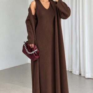 Elegant Ribbed High Neck Bodycon Overcoat Set - Coffee