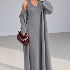 Elegant Ribbed High Neck Bodycon Overcoat Set - Gray
