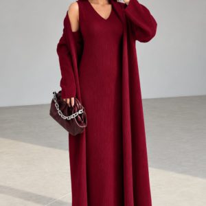 Elegant Ribbed High Neck Bodycon Overcoat Set - Maroon