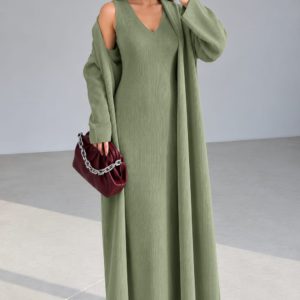 Elegant Ribbed High Neck Bodycon Overcoat Set - Mint Green