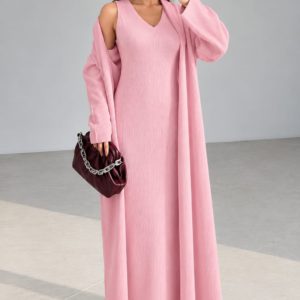 Elegant Ribbed High Neck Bodycon Overcoat Set - Baby Pink