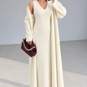 Elegant Ribbed High Neck Bodycon Overcoat Set - Off White