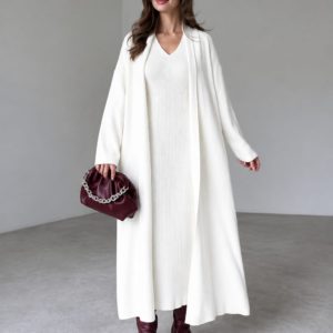 Elegant Ribbed High Neck Bodycon Overcoat Set - White