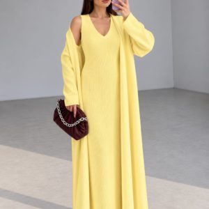 Elegant Ribbed High Neck Bodycon Overcoat Set - Yellow